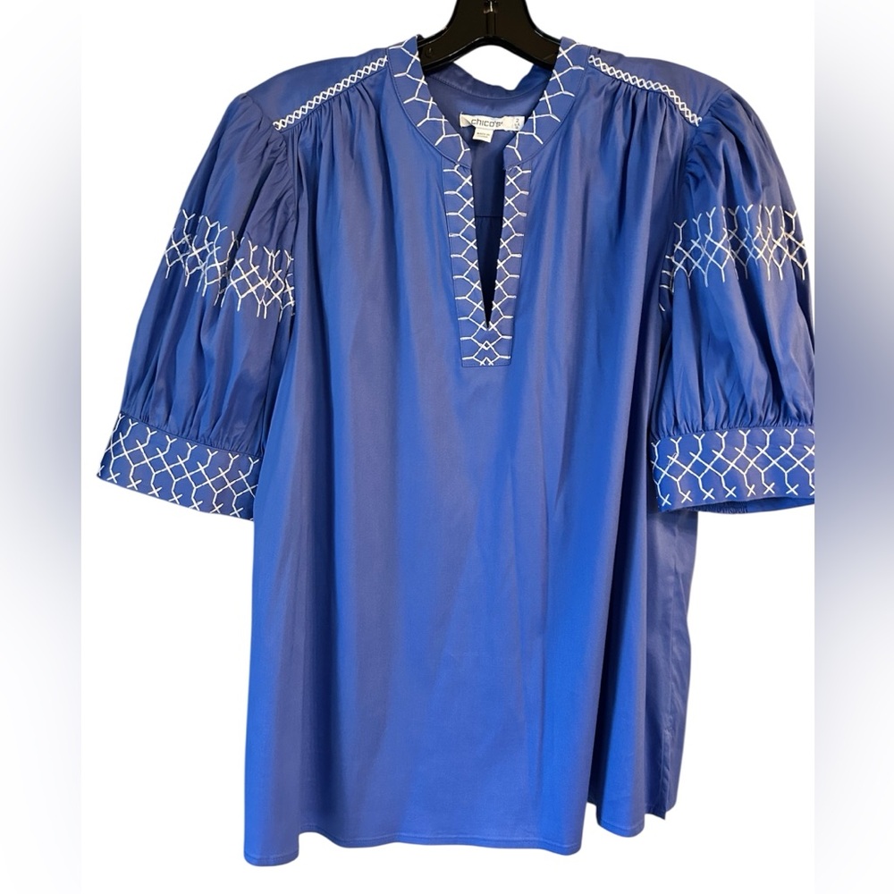 Chico's Royal Blue Blouse with White Embroidery